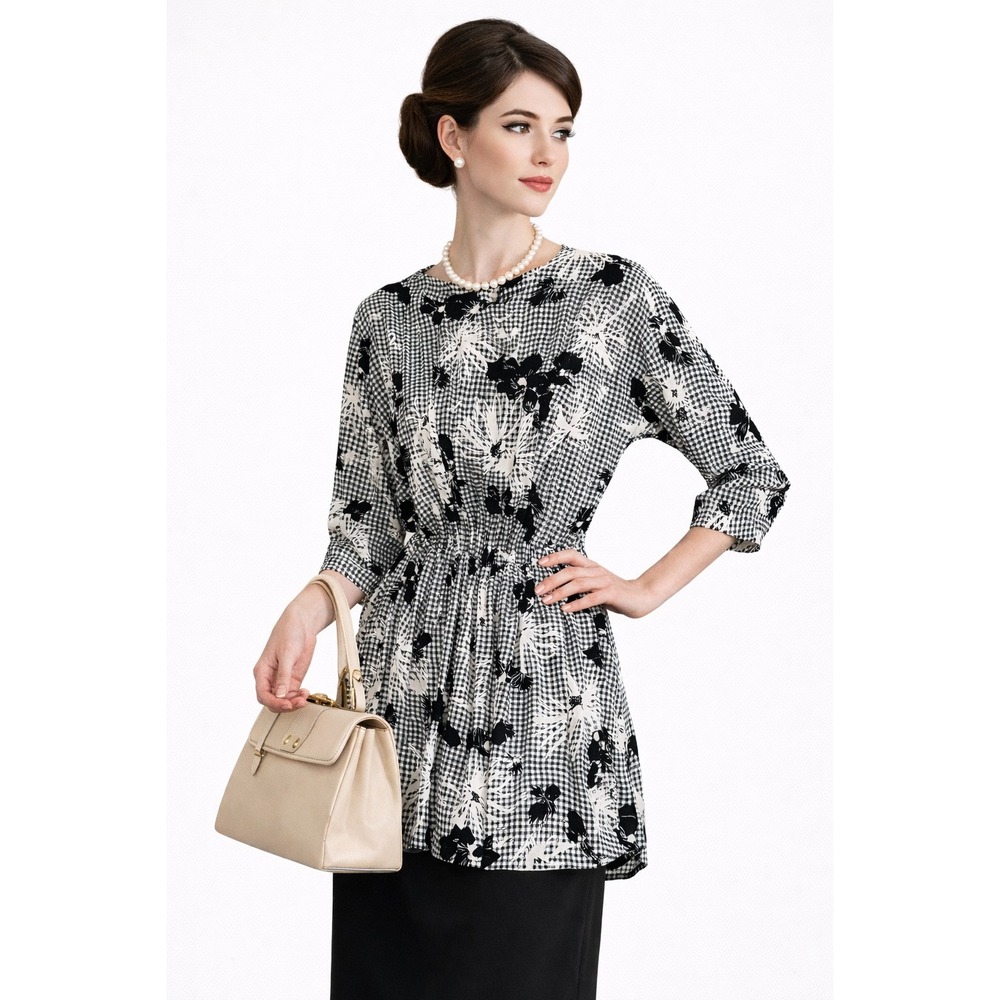 Vintage Black White Gingham Sheath Dress Retro MCM Blouson Overlay Floral S